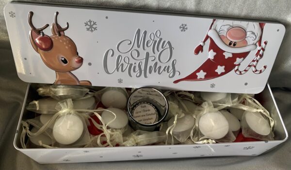 Adventskalender Teelicht - Botschaften Dose mit Wichtel und Rentier