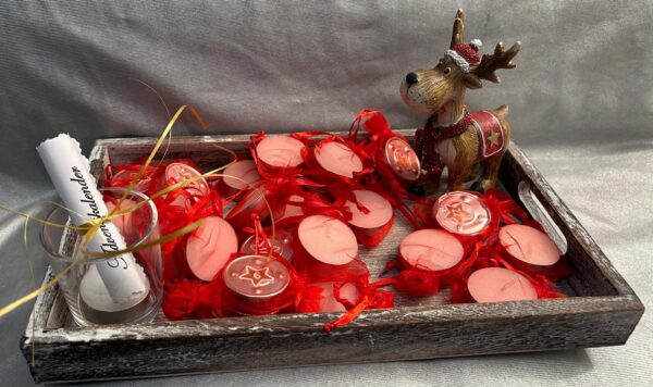 Adventskalender Teelicht - Botschaften Holz-Schale mit Elch rot