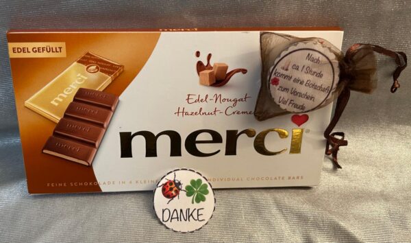 1 *** Zaubercherzli*** Teelicht-Botschaft "DANKE" MERCI Edel-Nougat Haselnut-Creme