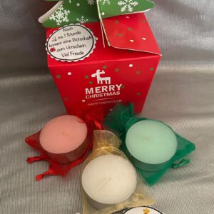 DEKO  3 Zauber-Kerzli Teelicht-Botschaft  Weihnachts-Box "Frohe Weihnachten/Weihnachtsbaum/Happy New Year"