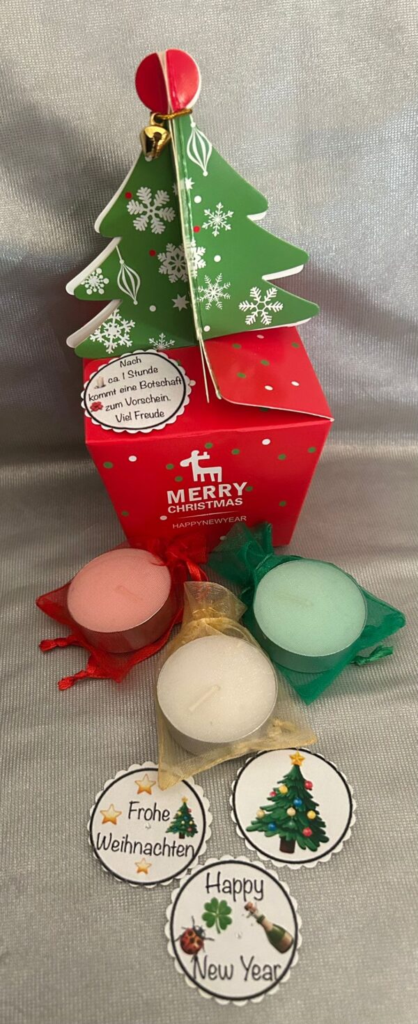 DEKO  3 Zauber-Kerzli Teelicht-Botschaft  Weihnachts-Box "Frohe Weihnachten/Weihnachtsbaum/Happy New Year" – Bild 3