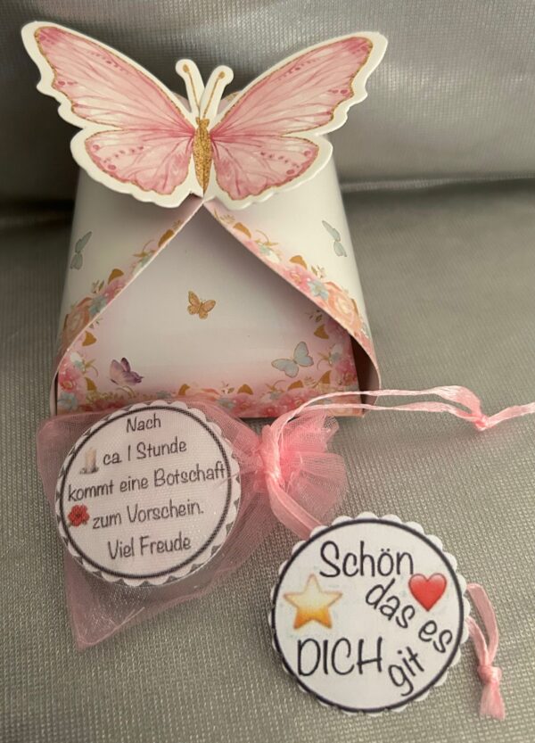 DEKO  1 Zauber-Kerzli Teelicht-Botschaft  Schmetterling klein rosa "Schön das es DICH git" rosa